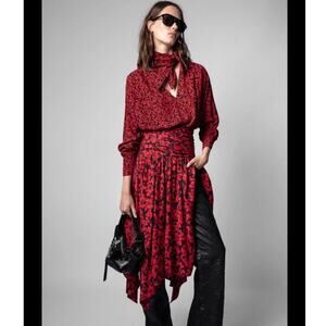 NWT Zadig & Voltaire Defile Red Printed Jacquared Silk Midi Skirt